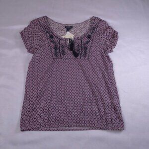 Lucky Brand Women’s Short Sleeve Embroidered Tassel Top Pink Blue Size Large NWT